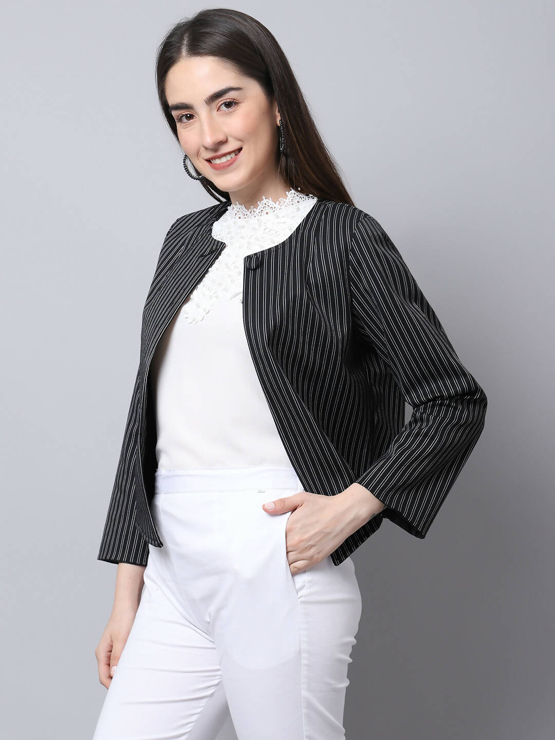 Even Apparels Black Polywool Open Front Statement Women's Jacket | Swadesiicart