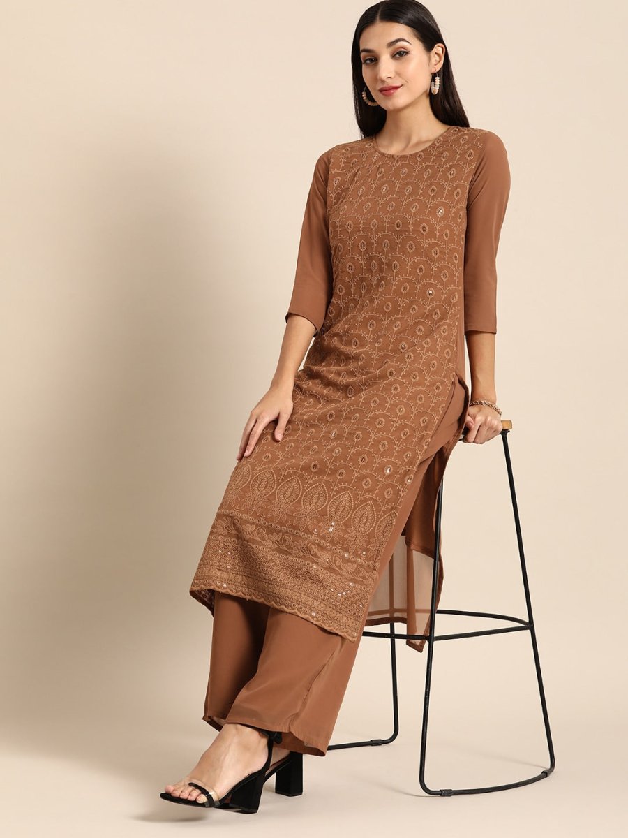 All About You Women Brown Ethnic Motifs Embroidered Chikankari Kurta with Palazzos | Swadesiicart