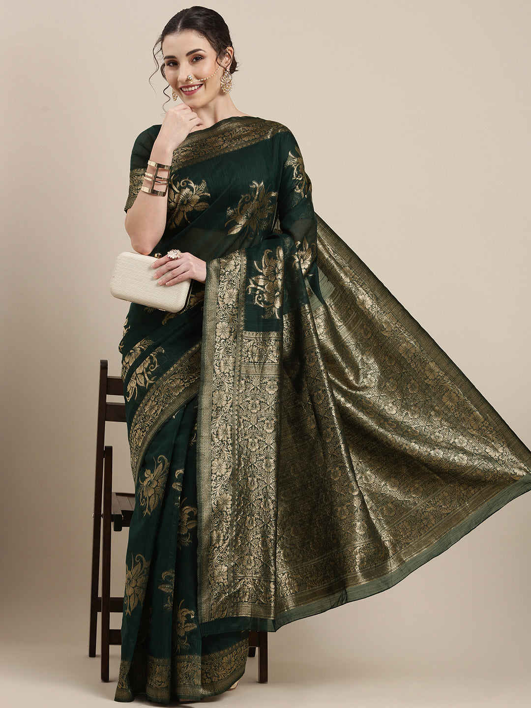 Saree Mall Green Floral Linen Blend Banarasi Saree | Swadesiicart