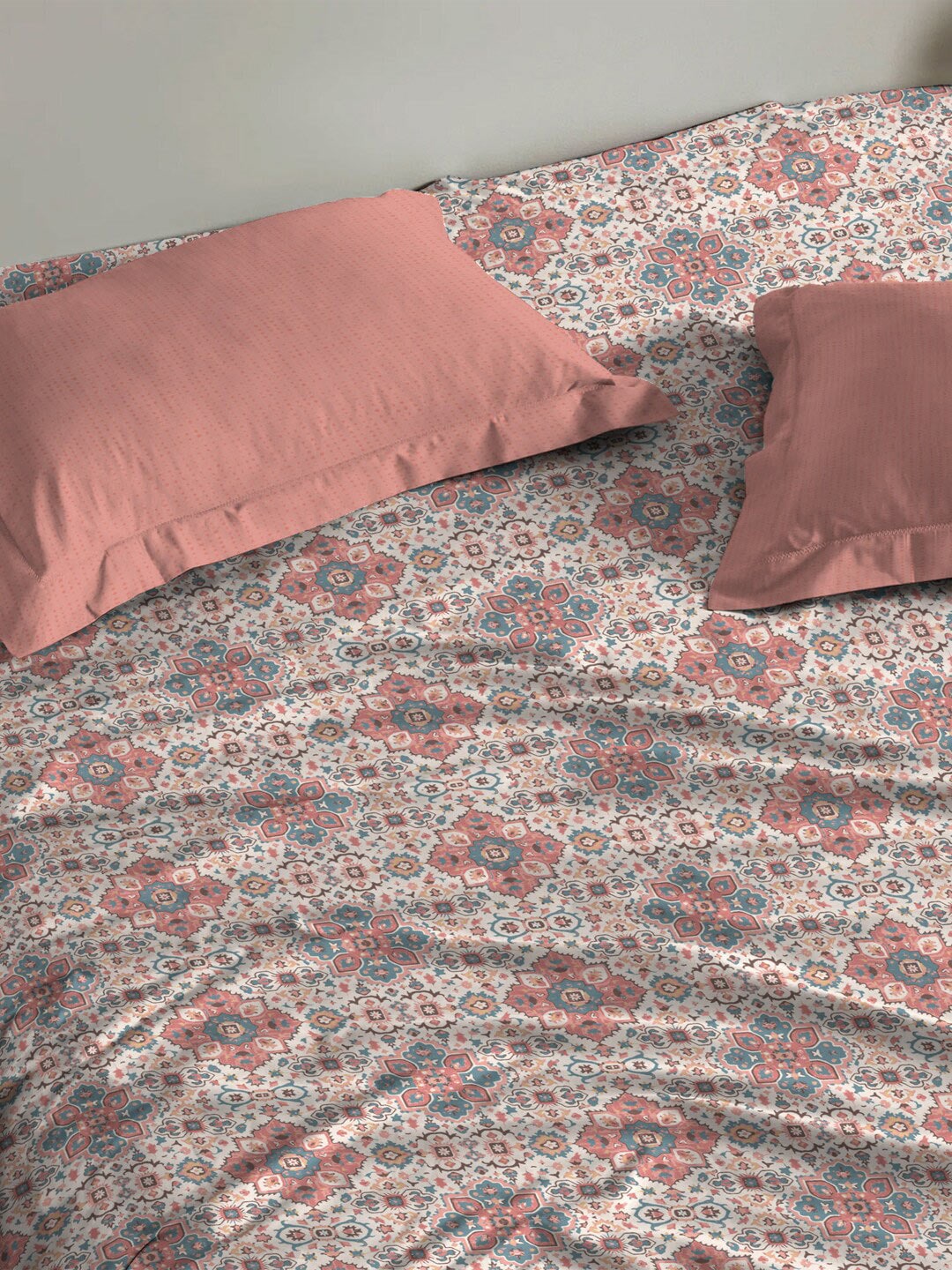 MYTRIDENT Dusk and Dawn White Printed Pure Cotton 144 TC Queen Bedsheet With 2 Pillow Covers - Swadesiicart