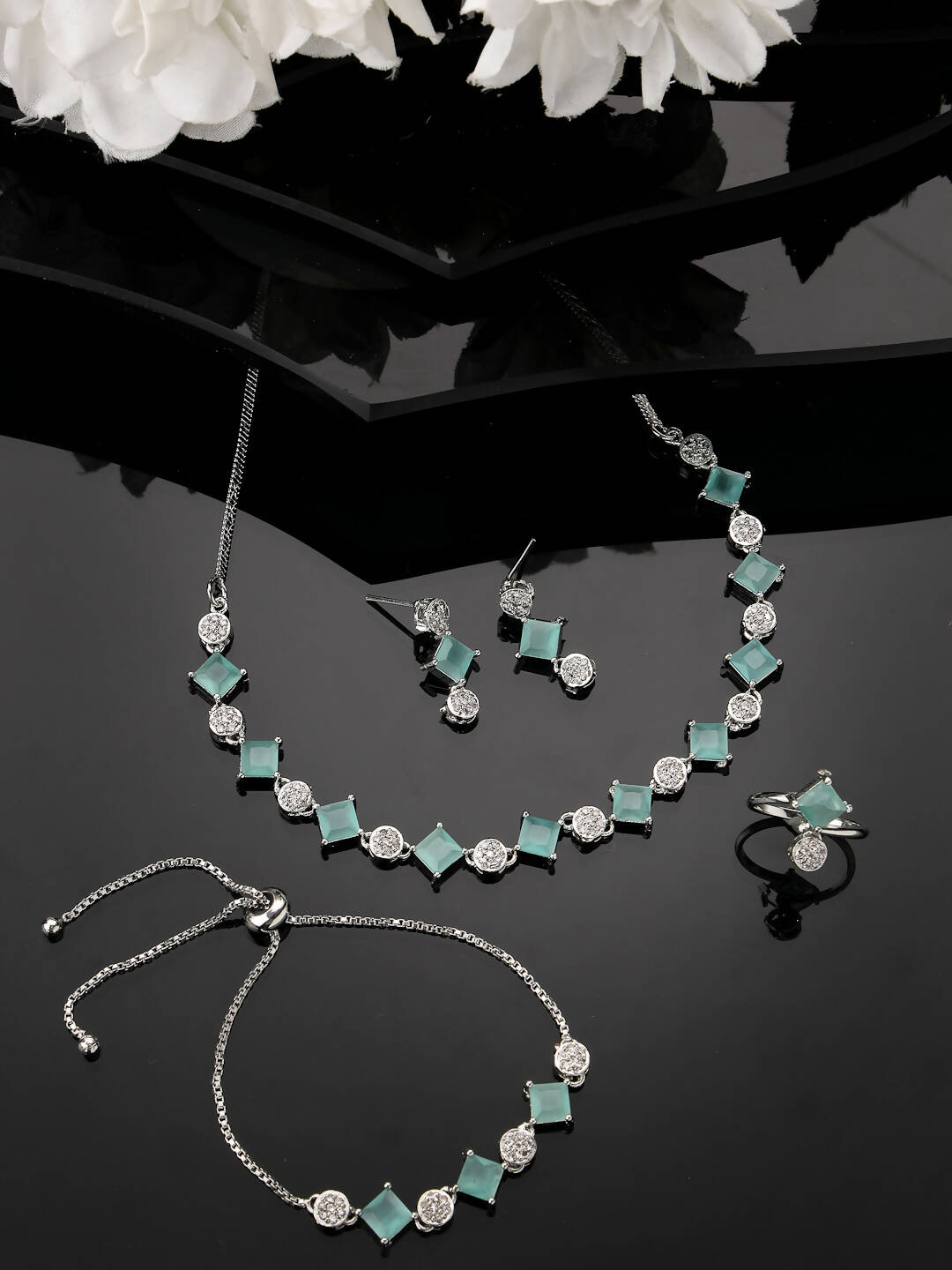 NVR Women Silver Plated & Blue Cz Stone Handcrafted Jewellery Set - Swadesiicart