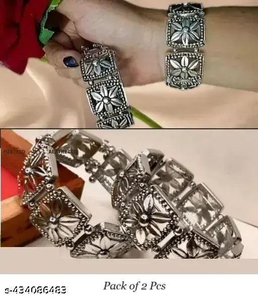 Tehzeeb Creations Women's Silver Plated Oxidised Bangle Set - Swadesiicart