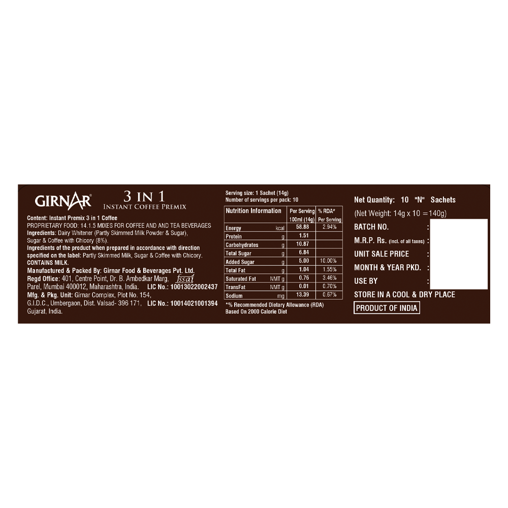 Girnar Instant Premix 3 In 1 Coffee | Swadesiicart