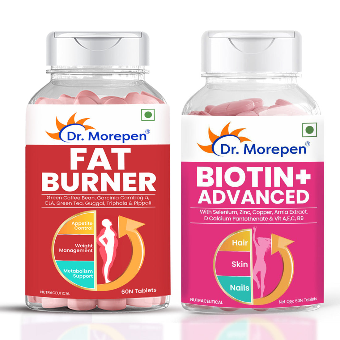 Dr. Morepen Biotin+ Advanced Tablets and Fat Burner Tablets Combo - Swadesiicart