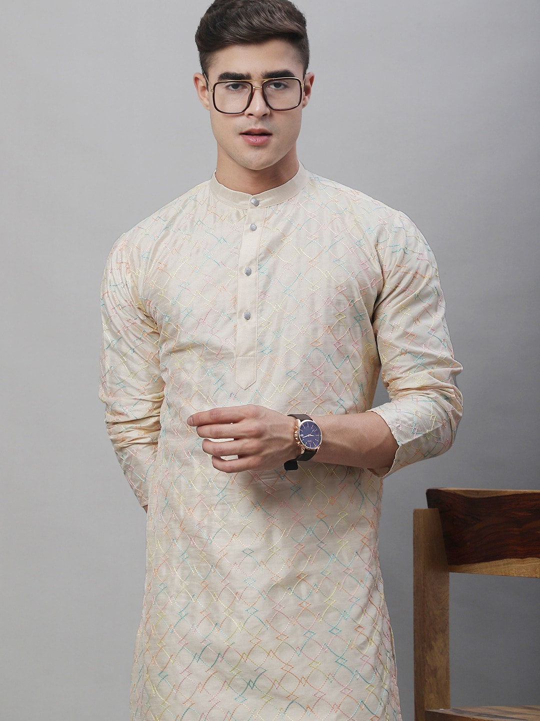 Sojanya Band Collar Embroidered Cotton Silk Kurta | Swadesiicart