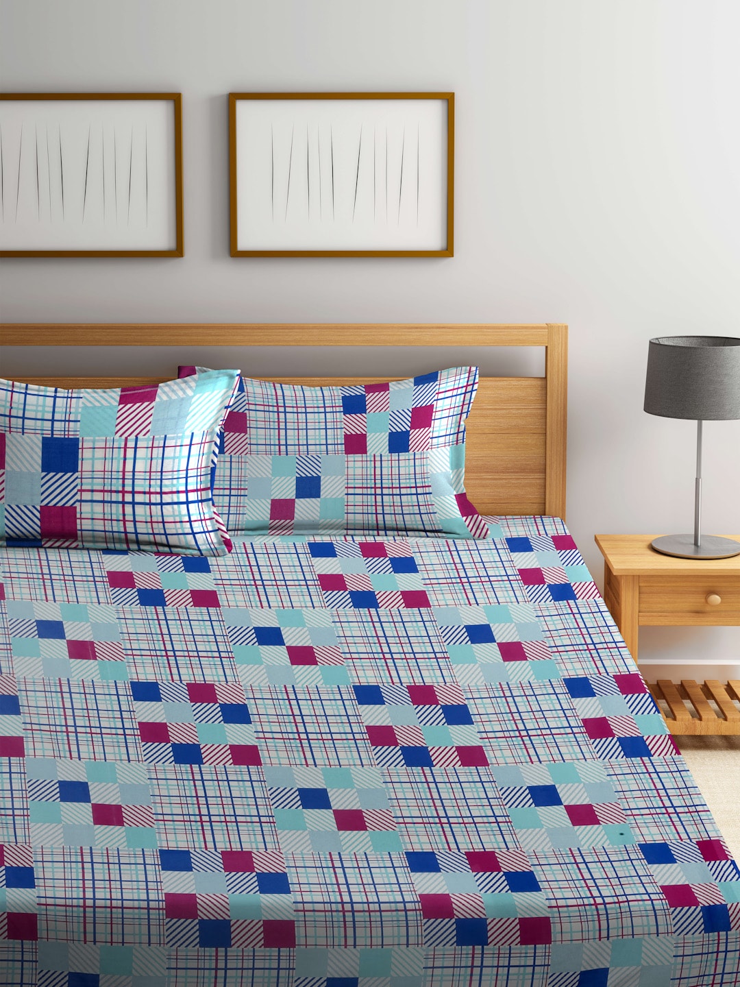 BOMBAY DYEING Marigold Blue Geometric Cotton 104 TC King Bedsheet With 2 Pillow Covers - Swadesiicart