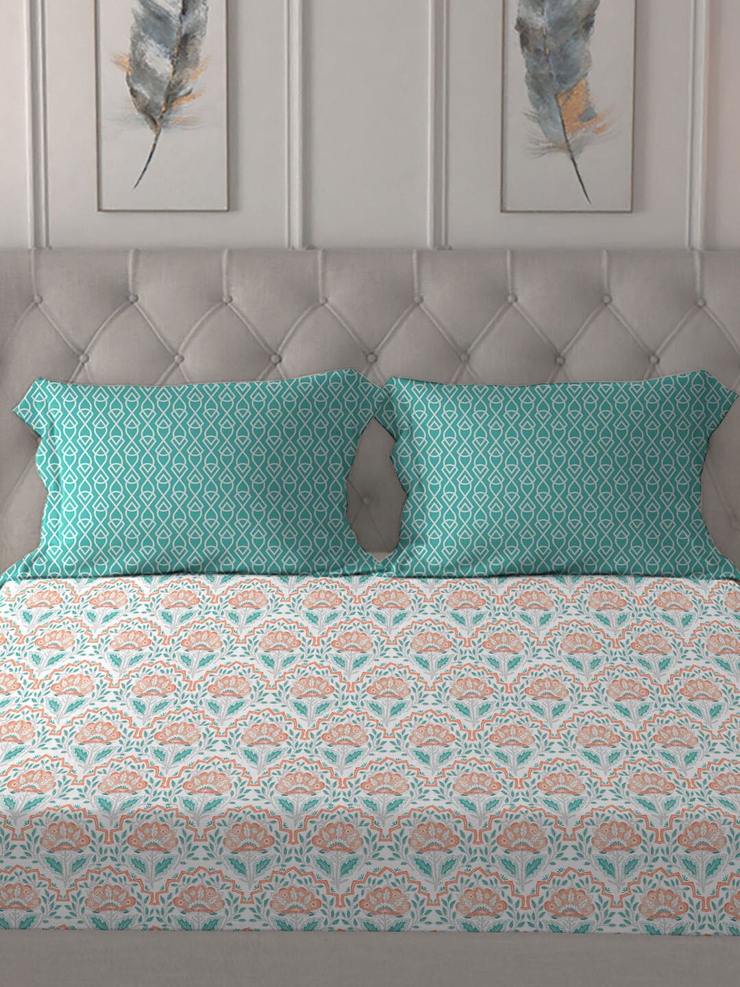 MYTRIDENT Orange Blue Ethnic Motifs Pure Cotton 120 TC Queen Bedsheet With 2 Pillow Covers - Swadesiicart