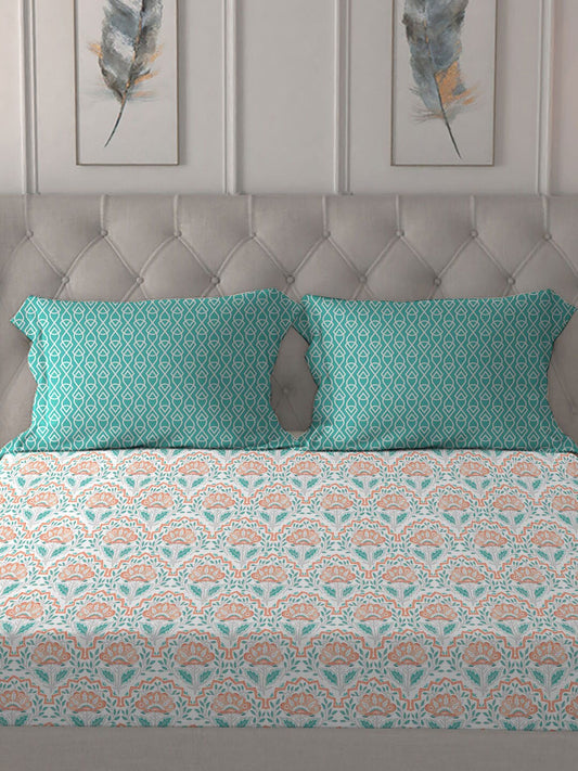 MYTRIDENT Orange Blue Ethnic Motifs Pure Cotton 120 TC Queen Bedsheet With 2 Pillow Covers - Swadesiicart