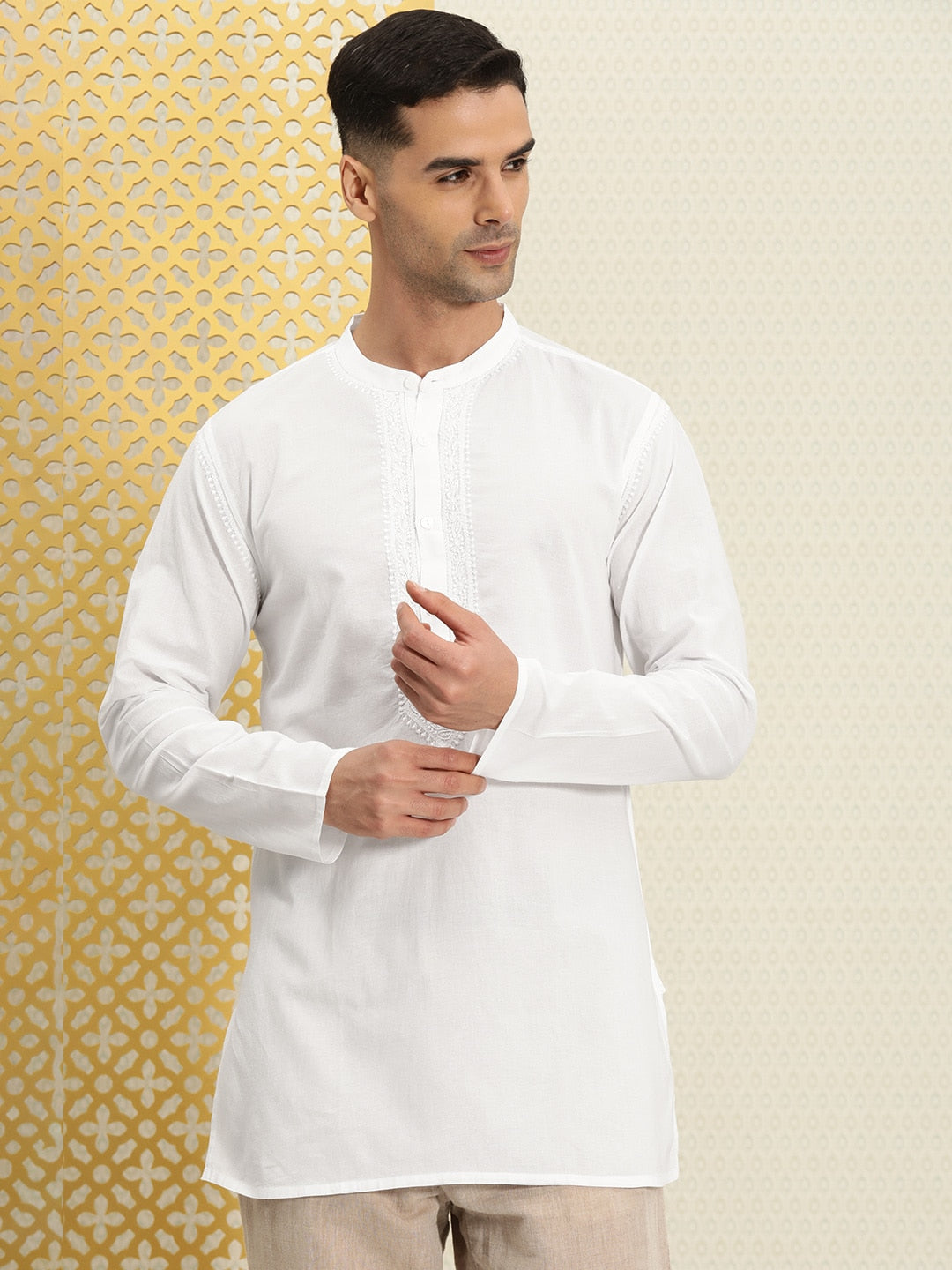 House of Pataudi Men Pure Cotton Solid Chikankari Jashn Short Kurta | Swadesiicart