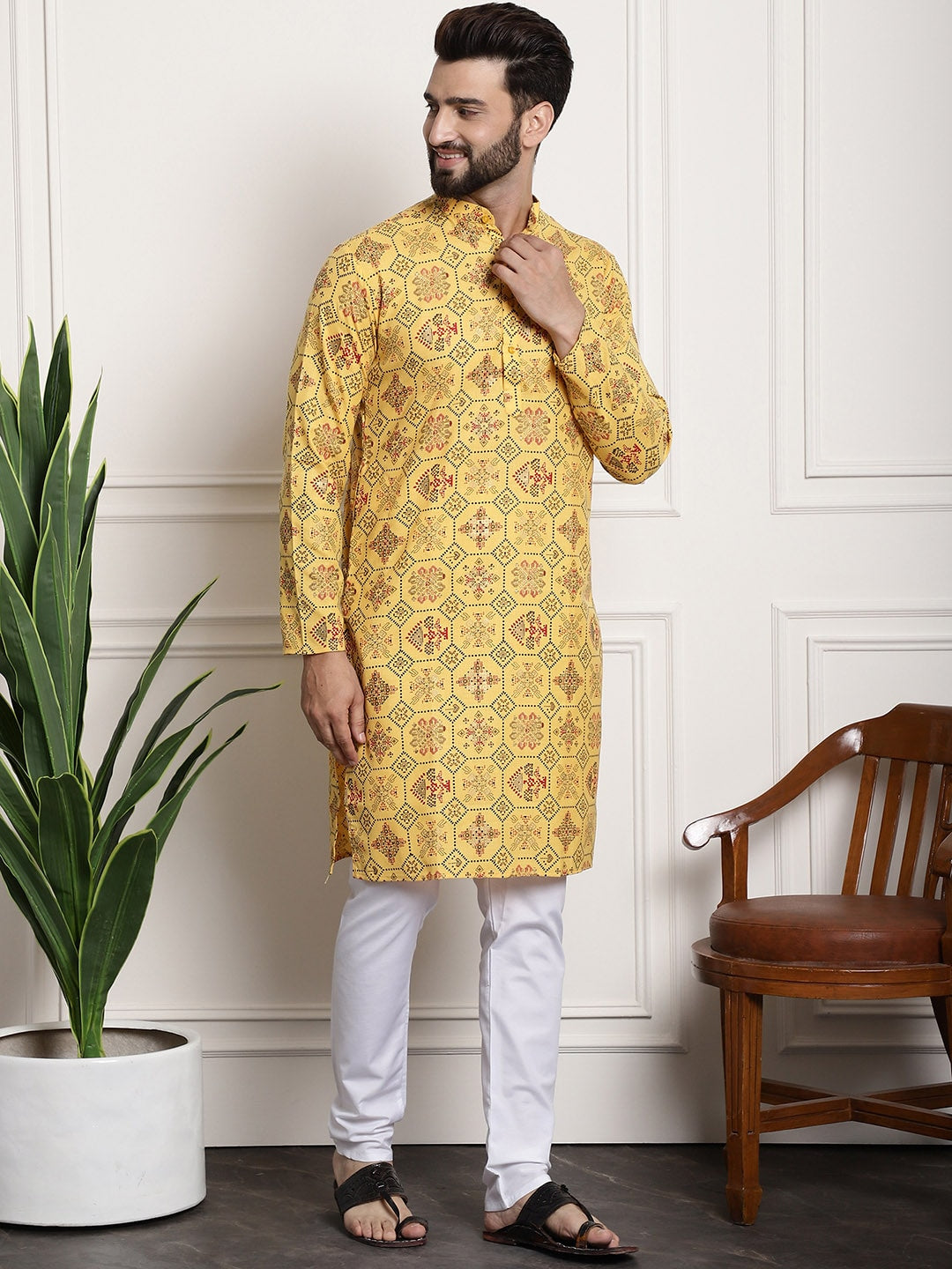 Sojanya Men Yellow Ethnic Motifs Printed Kurta with Churidar | Swadesiicart