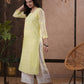 ADA Women Yellow & White Hand Embroidered Chikankari Sustainable Kota Handloom Kurta With Matching Slip | Swadesiicart