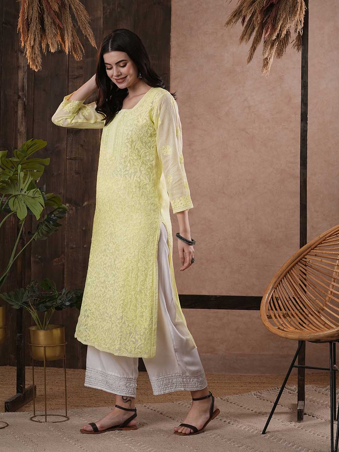 ADA Women Yellow & White Hand Embroidered Chikankari Sustainable Kota Handloom Kurta With Matching Slip | Swadesiicart