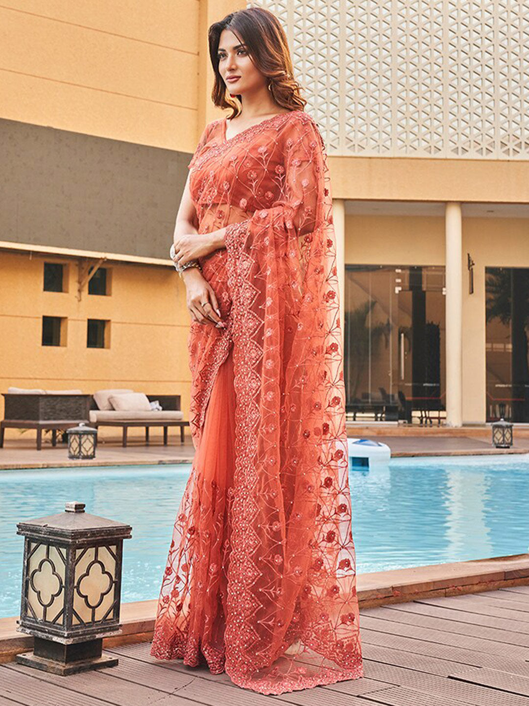 Tikhi Imli Embroidered Net Heavy Work Saree | Swadesiicart