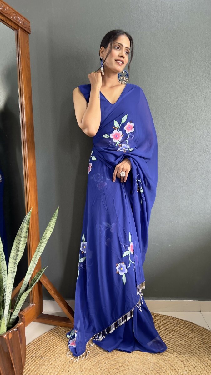 Aayaa Designer 1 min Hand Painted Ready to Wear saree - Navy Blue | Swadesiicart