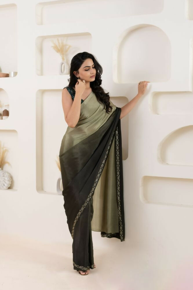 Grey Satin Pedding Designer, Printed Party Wear Ready To Wear Saree - Femina | Swadesiicart