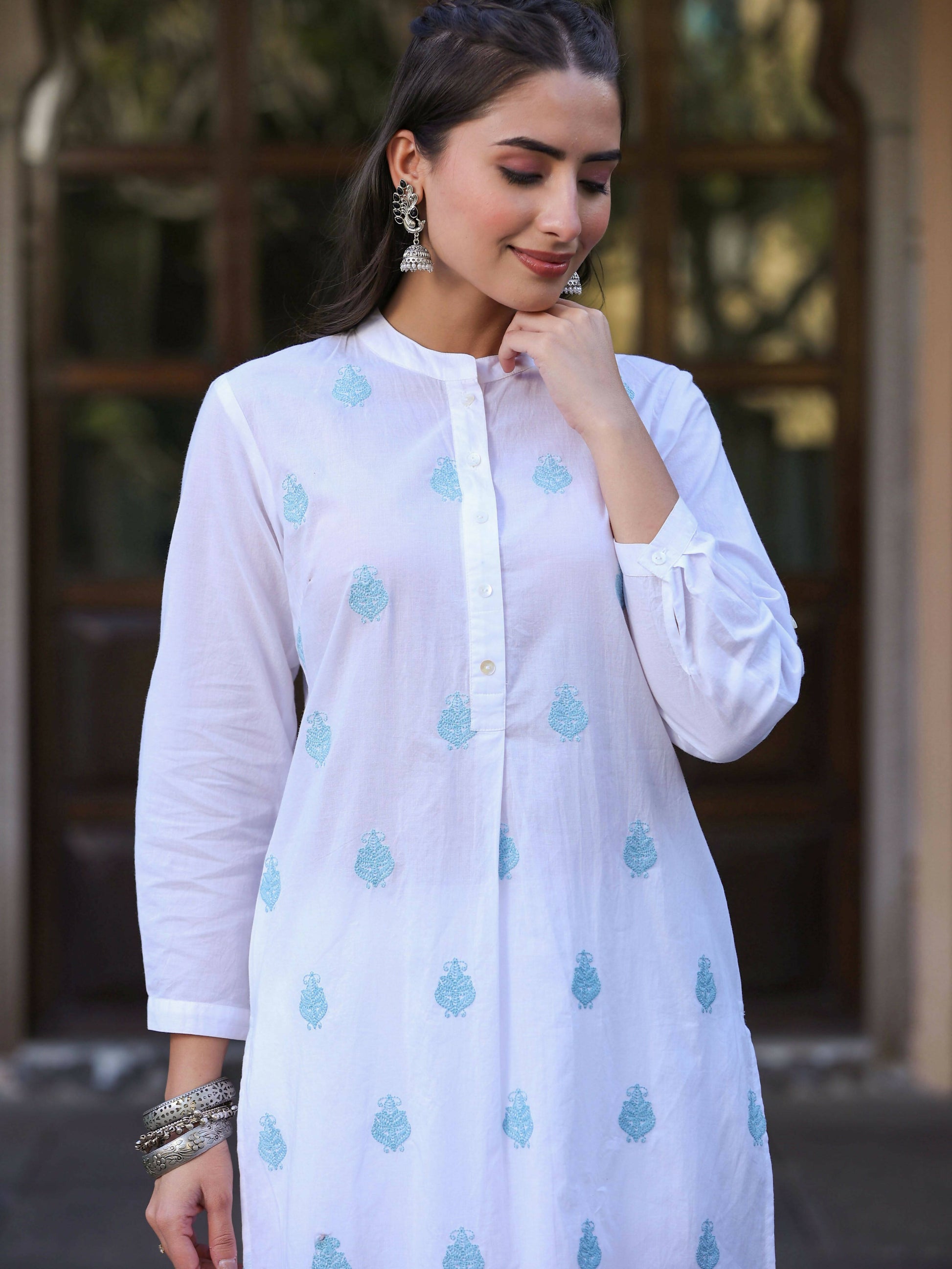 Juniper Women's White Cambric Printed Straight Kurta | Swadesiicart