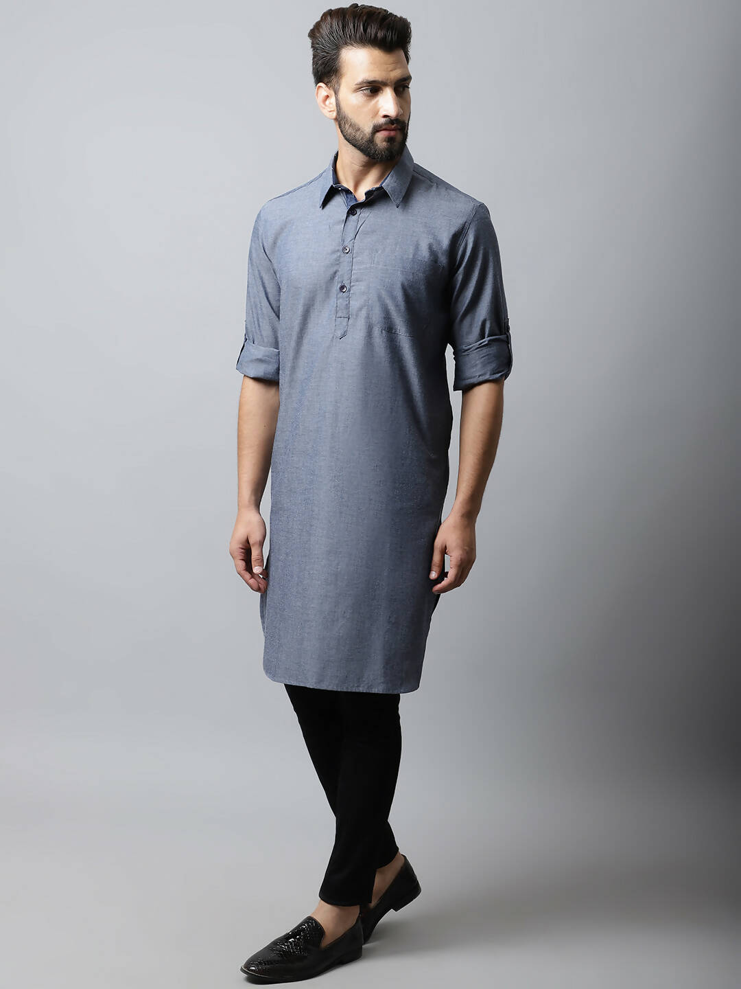 Even Apparels Grey Color Pure Cotton Solid Men's Kurta With Shirt Collar (MMS149) | Swadesiicart