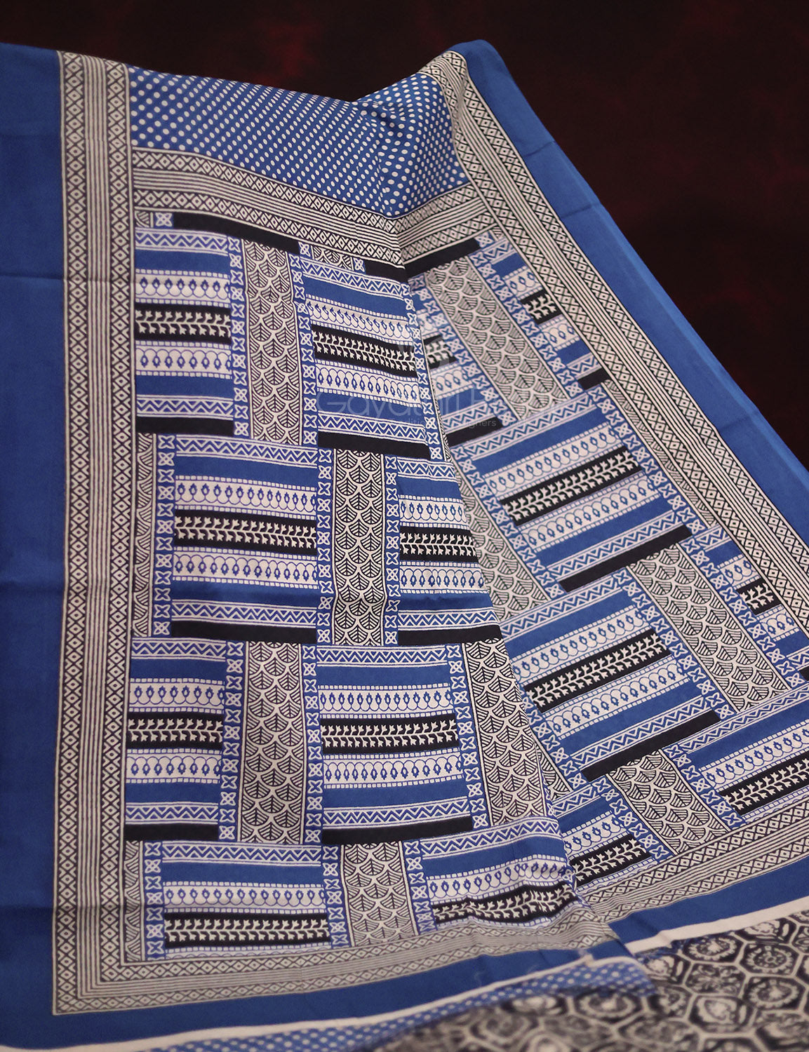 Blue Colored Block Print Cotton Saree By Gayathri Reddy Designer Studio | Swadesiicart