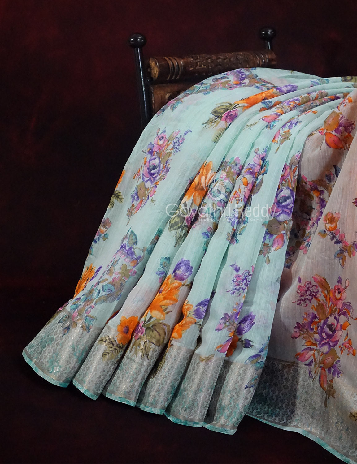 Shades of Sky Blue With Orange Blouse Floral Design Semi Chanderi Saree By Gayathri Reddy Designer Studio | Swadesiicart