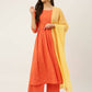 FIORRA Women's Orange Poly Crepe Flared Kurta With Dupatta - Swadesiicart