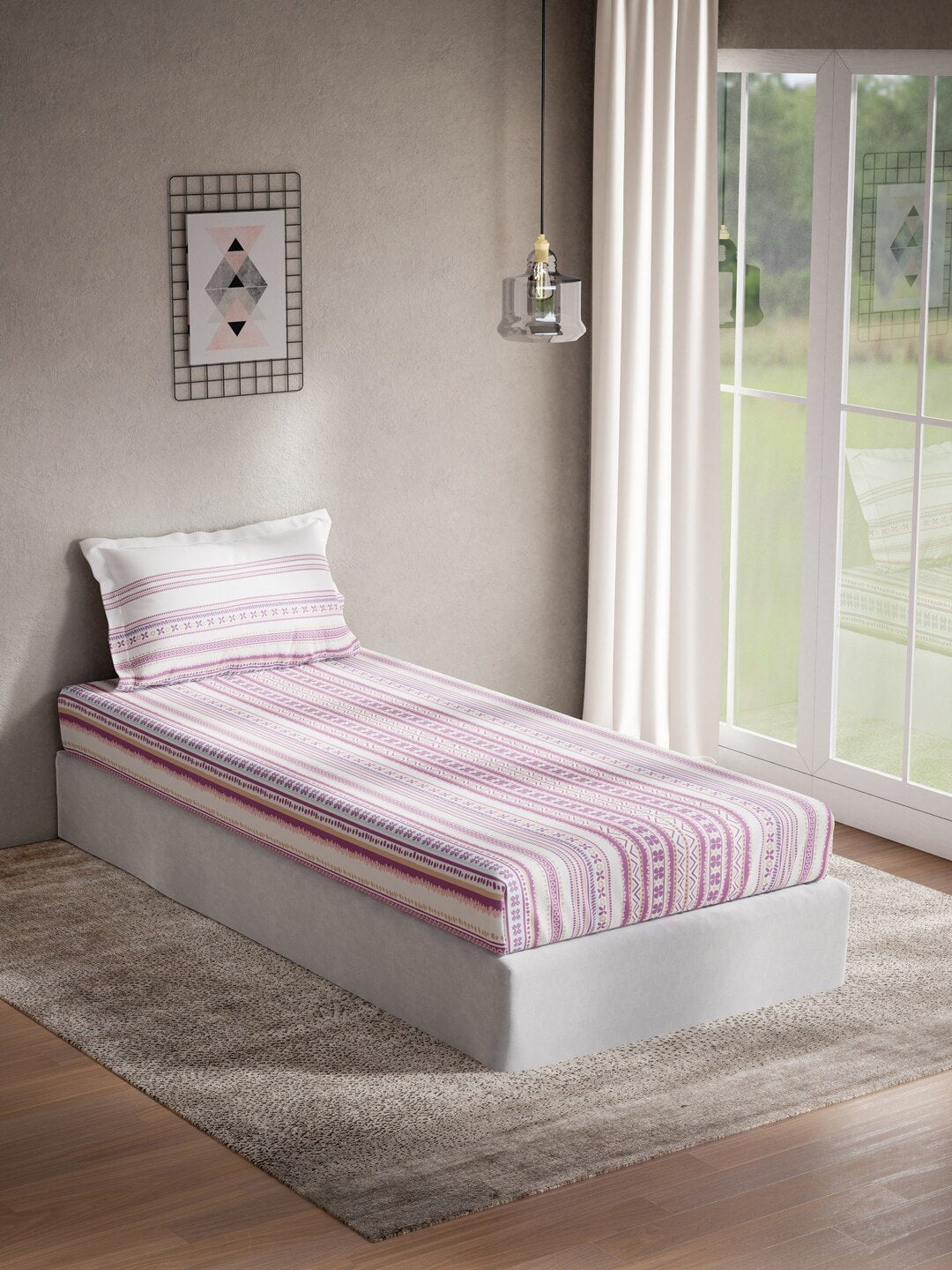 DDecor Purple & White Ethnic Motifs 144 TC Cotton Single Bedsheet with 1 Pillow Cover - Swadesiicart