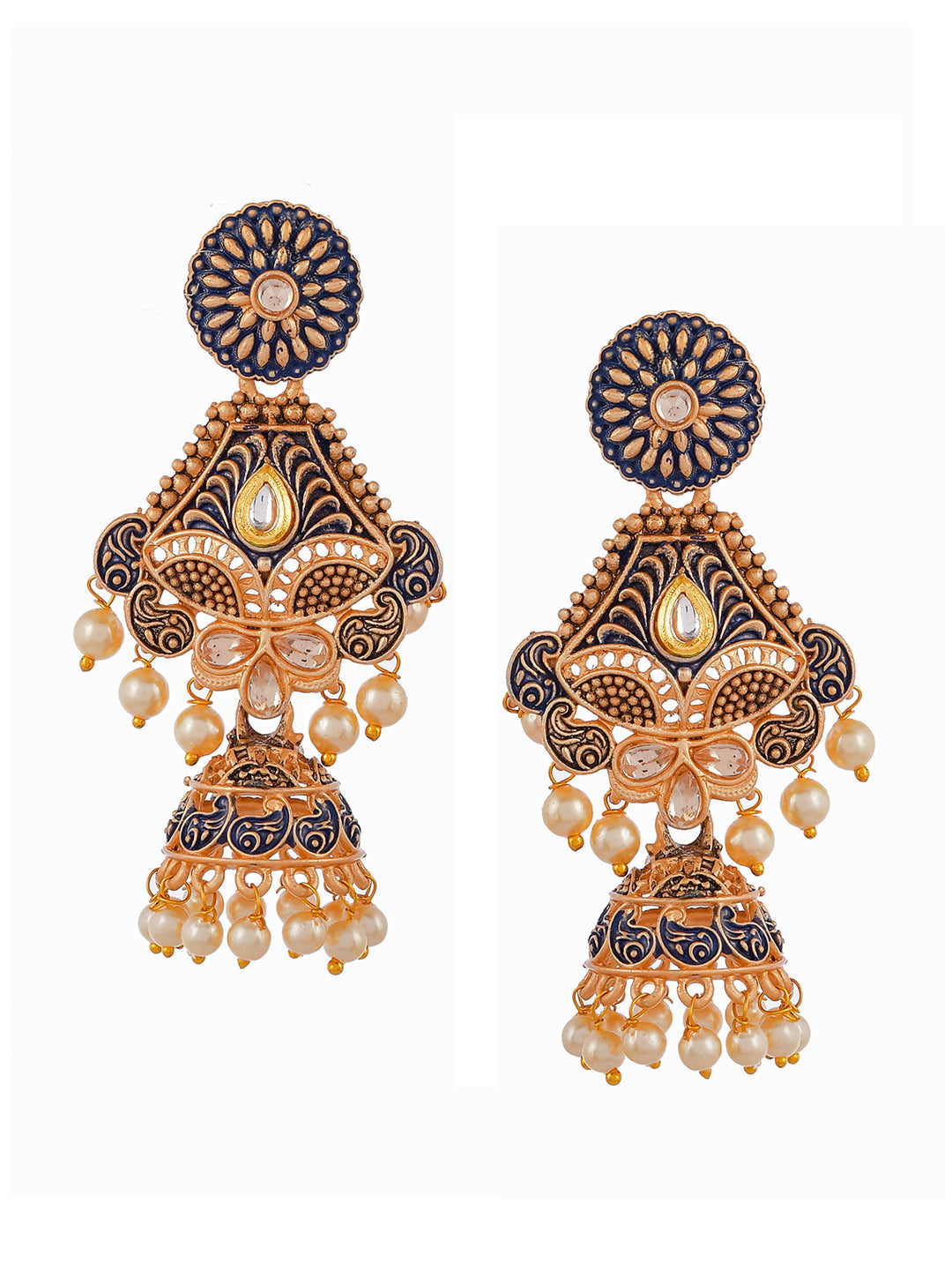 Shoshaa Blue & Gold-Toned Dome Shaped Jhumkas Earrings | Swadesiicart