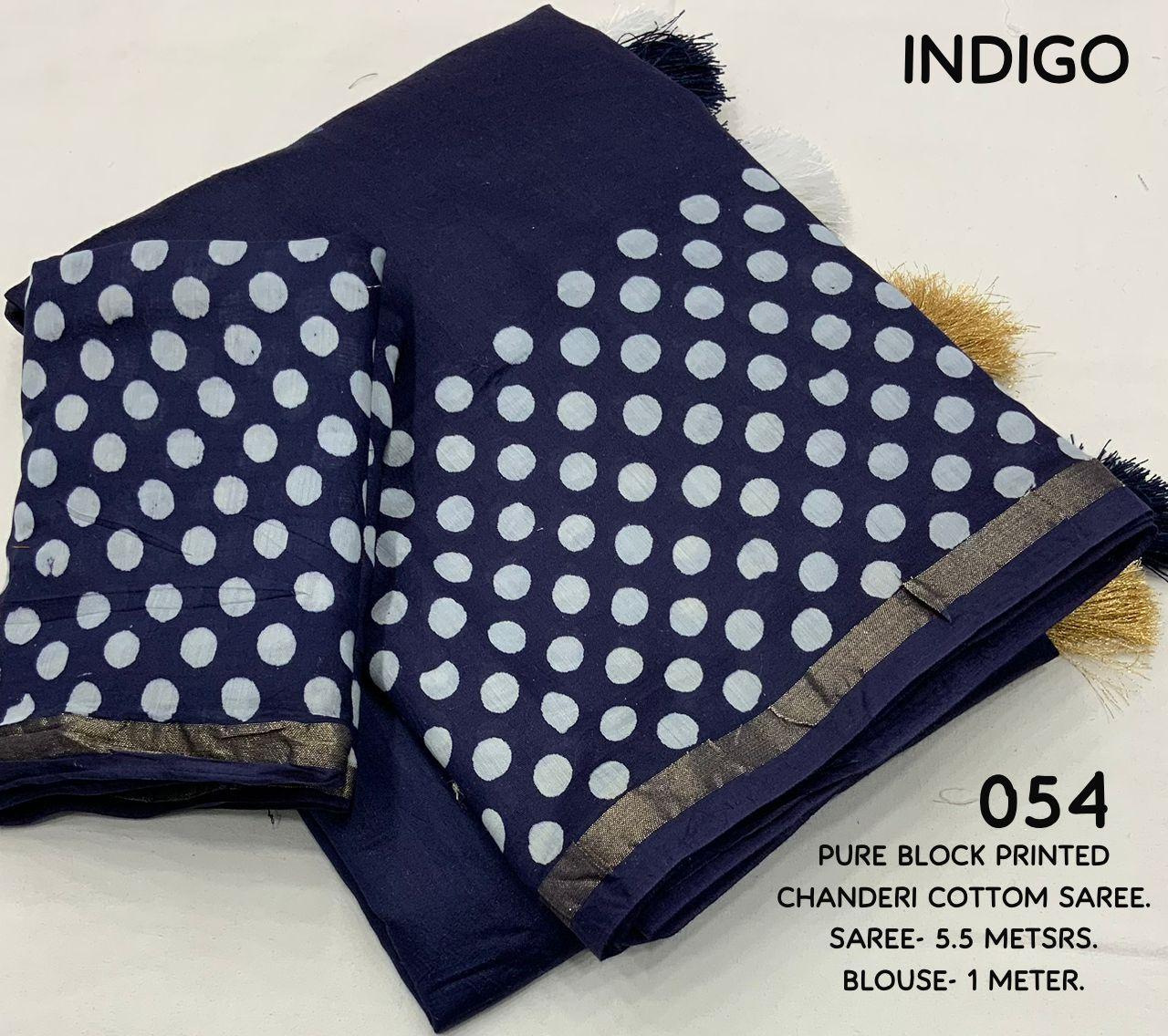 Blue Pure Chanderi Hand Block Saree with Unstitched Blouse - Hiral Fashion | Swadesiicart