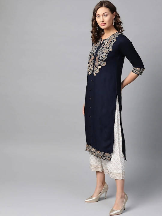 Indian Clothing Anubhutee Navy Blue Paisley Floral Embroidery Kurta Set - Swadesiicart
