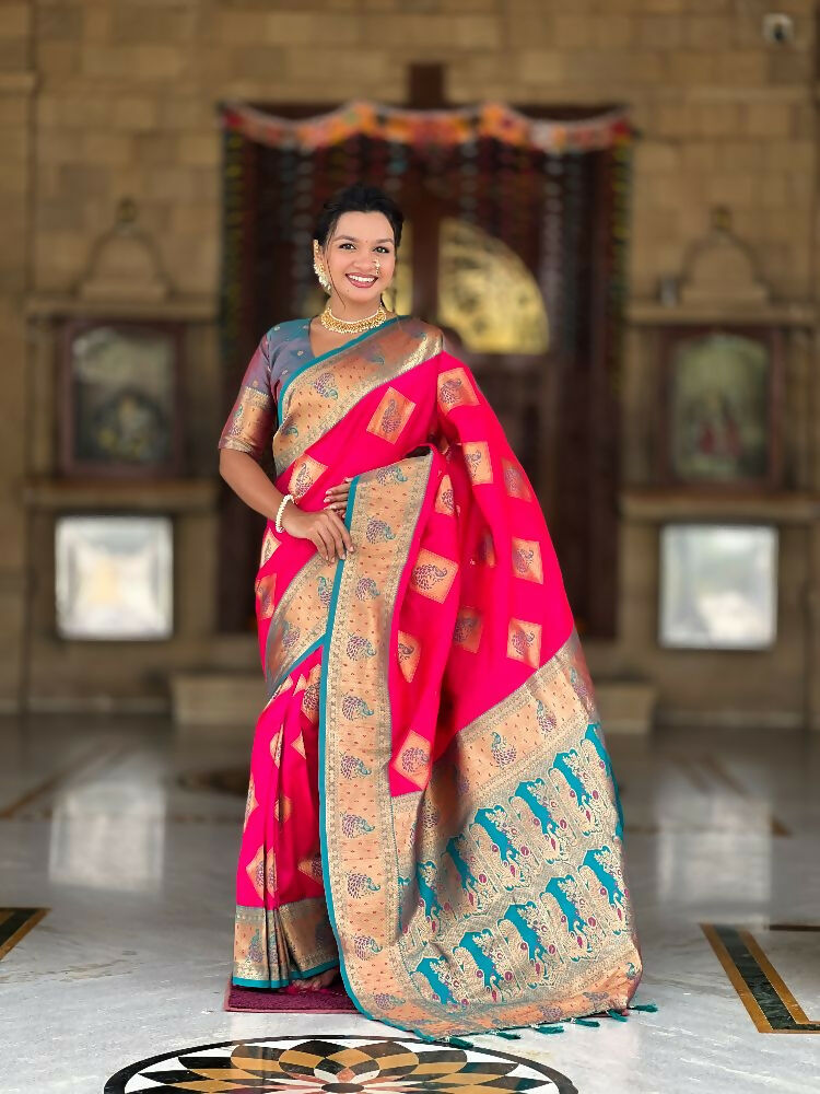 PR Fashion Rani Pink Soft Banarasi Silk With Zari Weaving Meenakari Design Saree | Swadesiicart