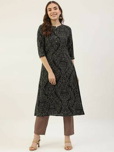 FIORRA Women's Black Printed Flared Cotton Kurta - Swadesiicart