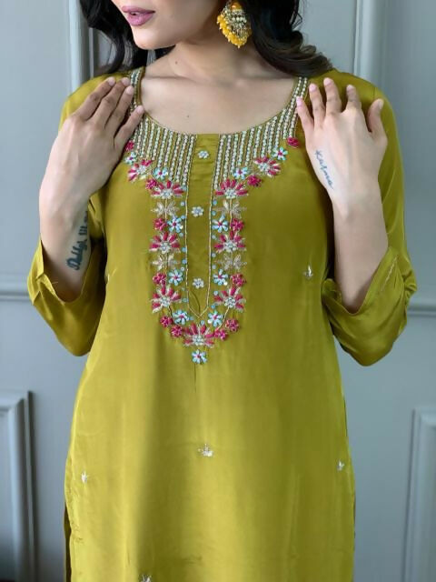 The52 Mustard Gorgeous Embroidered Viscose Chanderi Fabric Straight Kurta Pant with Dupatta Set - Swadesiicart