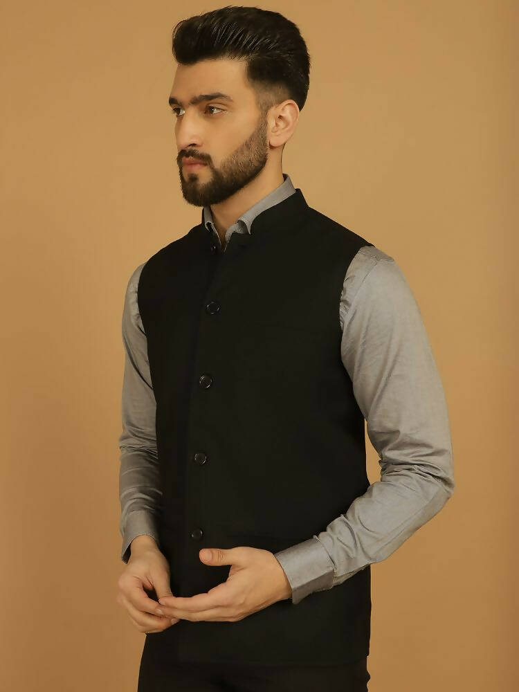 Even Apparels Nehru Jacket With Welt Pockets - Black | Swadesiicart
