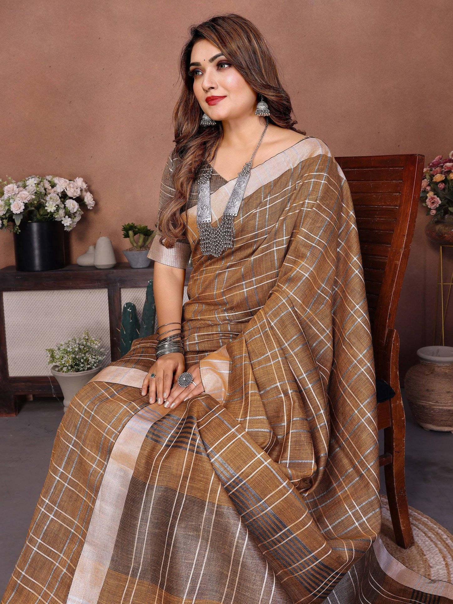 Anaita Coffee Weaving Linen Cotton Saree With Blouse