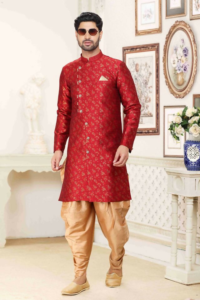 Raivat Ethnic Banarasi Jacquard Embroidery Semi Indo Western Sherwani In Maroon Colour | Swadesiicart