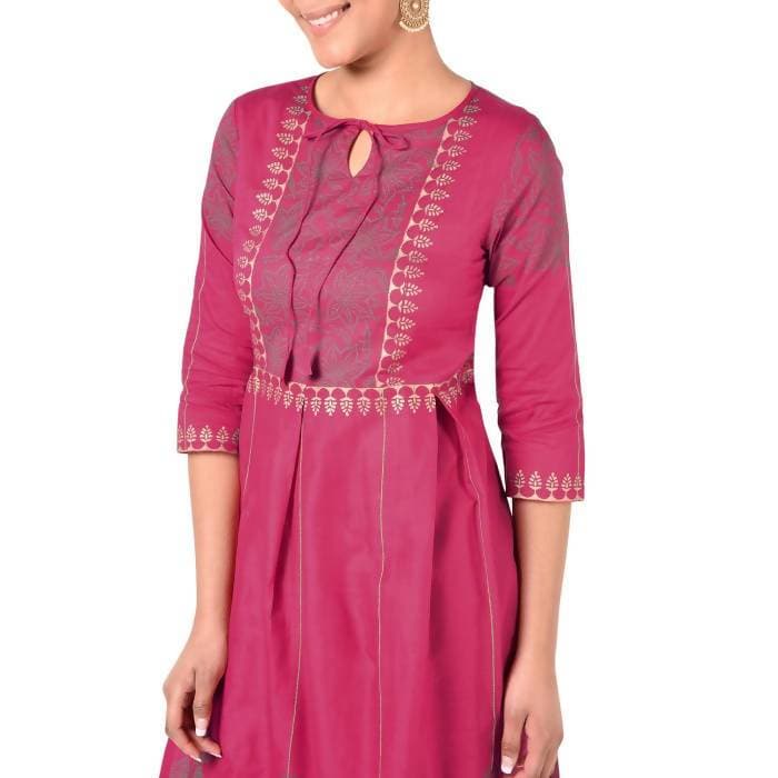 Aniyah Cotton Gold Print Flared Kurta Fuchsia (AN-163K) - Swadesiicart