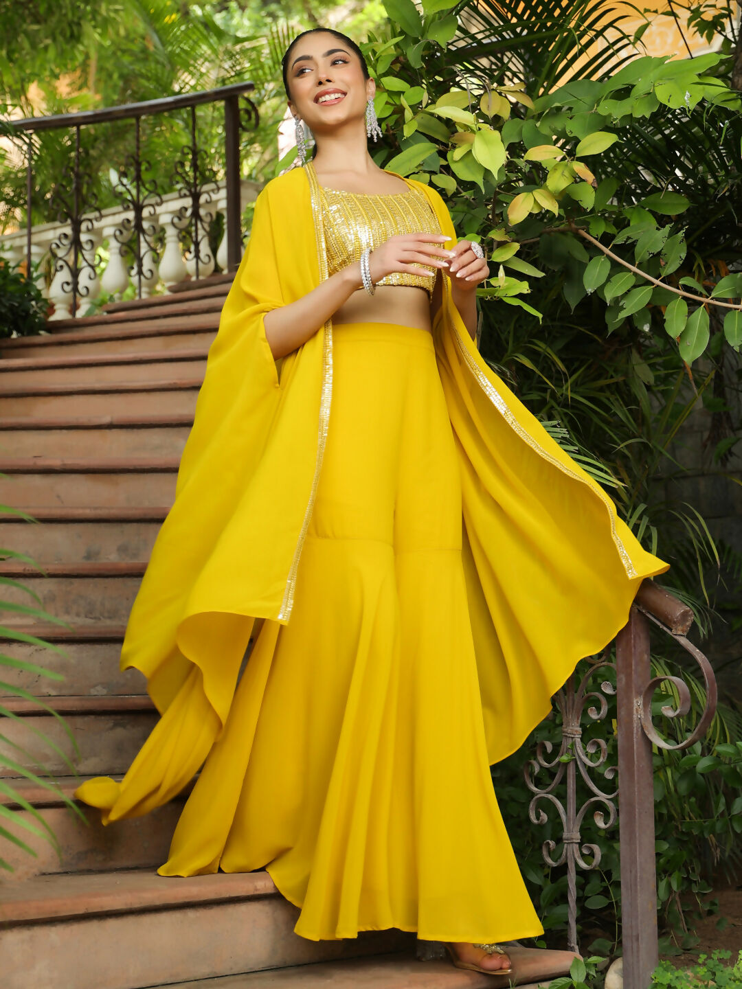 Janasya Yellow Georgette Sequined Top Bottom Cape | Swadesiicart