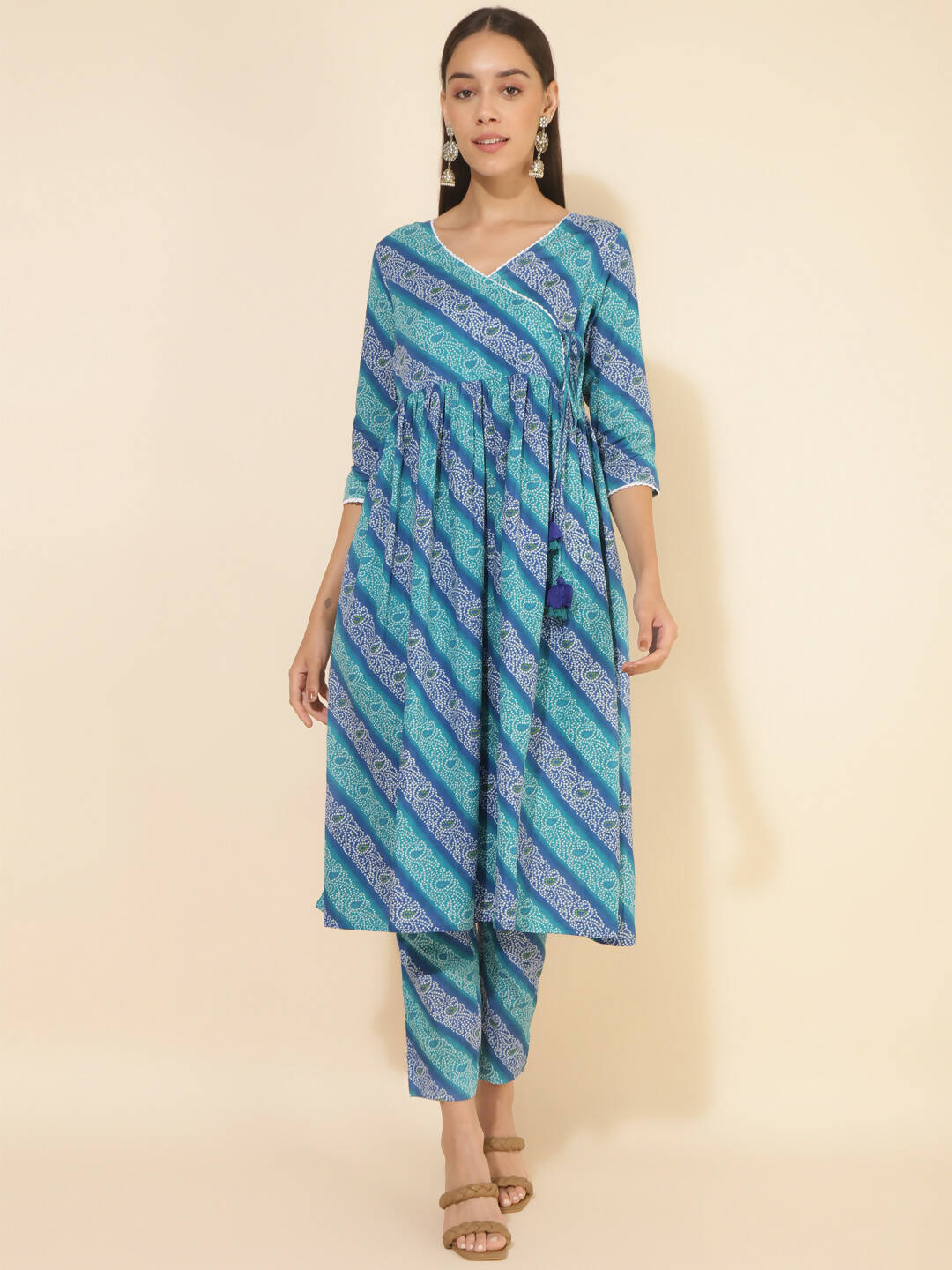 Janasya Women's Blue Cotton Bandhani Printed Casual Angrakha Co-ords - Swadesiicart