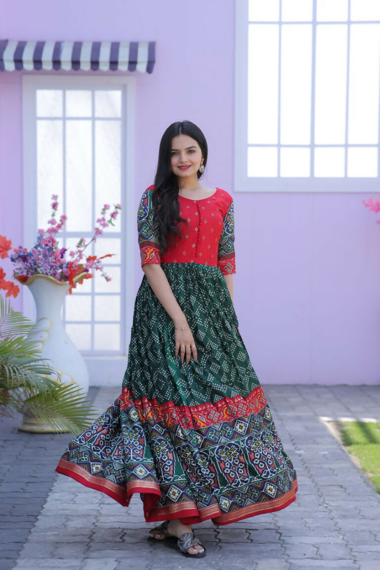 Jyoti Fashion Women's Bottle Green Patola with Foil Print Dola Silk Anarkali Dress | Swadesiicart