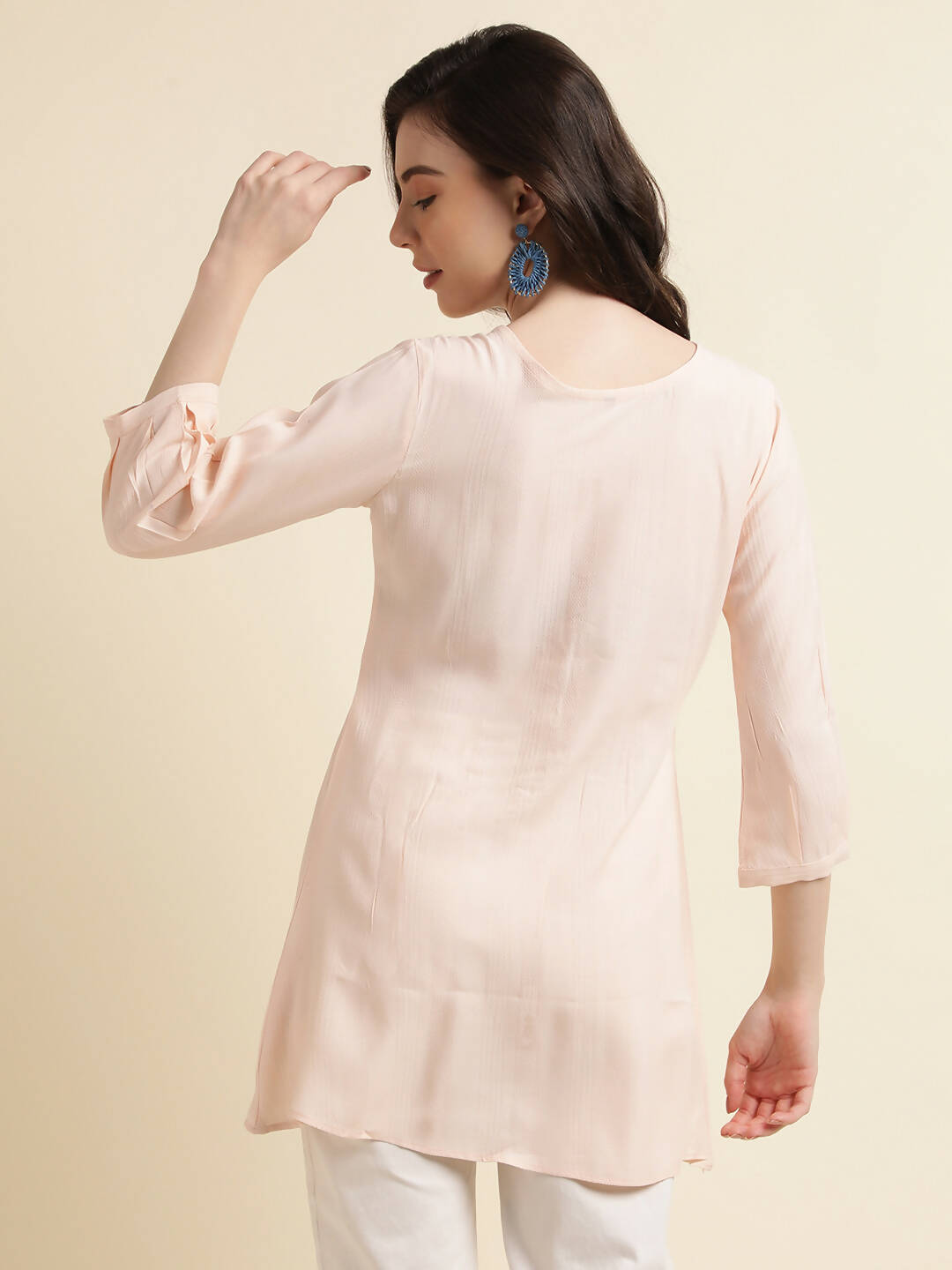 Peach Viscose Rayon Yoke Embroidered A-line Top - Tarini - Swadesiicart