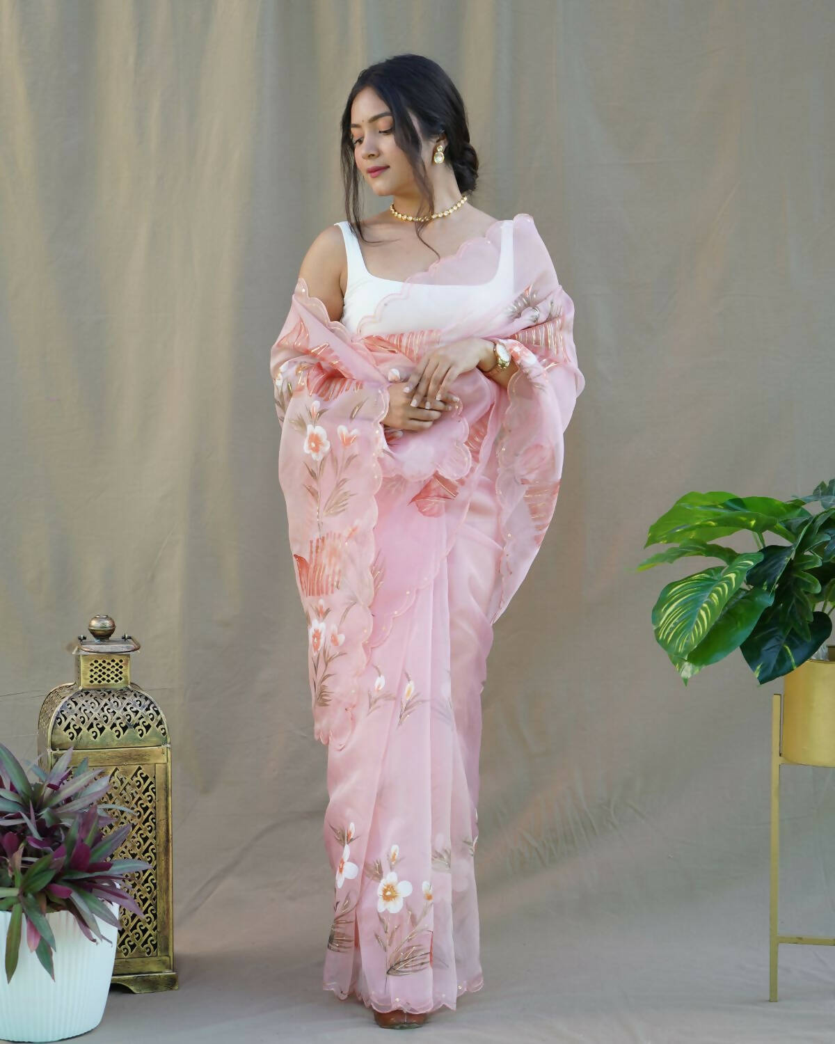 Vamsee Peach Organza Saree - Swadesiicart