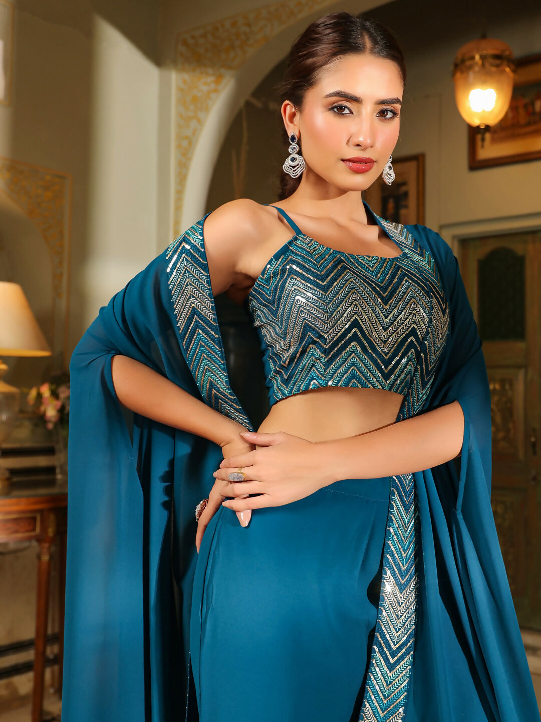 Janasya Teal Blue Georgette Embroidered Top Bottom Cape | Swadesiicart