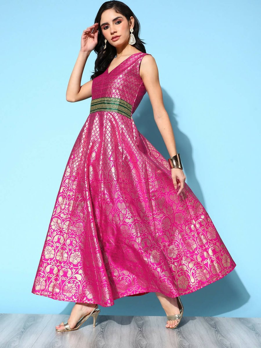 Ahalyaa Women Pink Poly Silk Gold Printed Dress | Swadesiicart