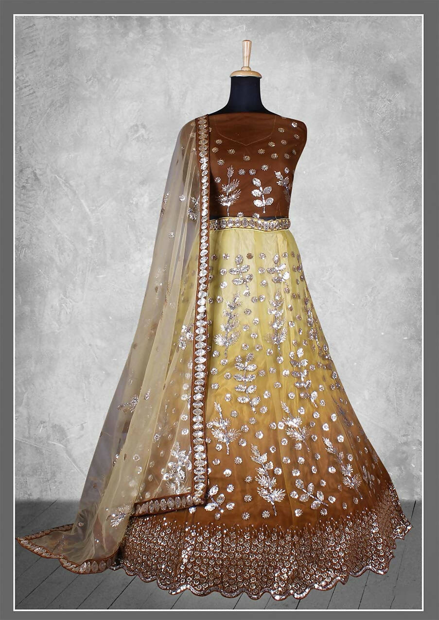 Brown Net Floral Sequins And Cord Embroidery, Cut Work Semi-Stitched Lehenga Choli - Nimaya Kangan | Swadesiicart