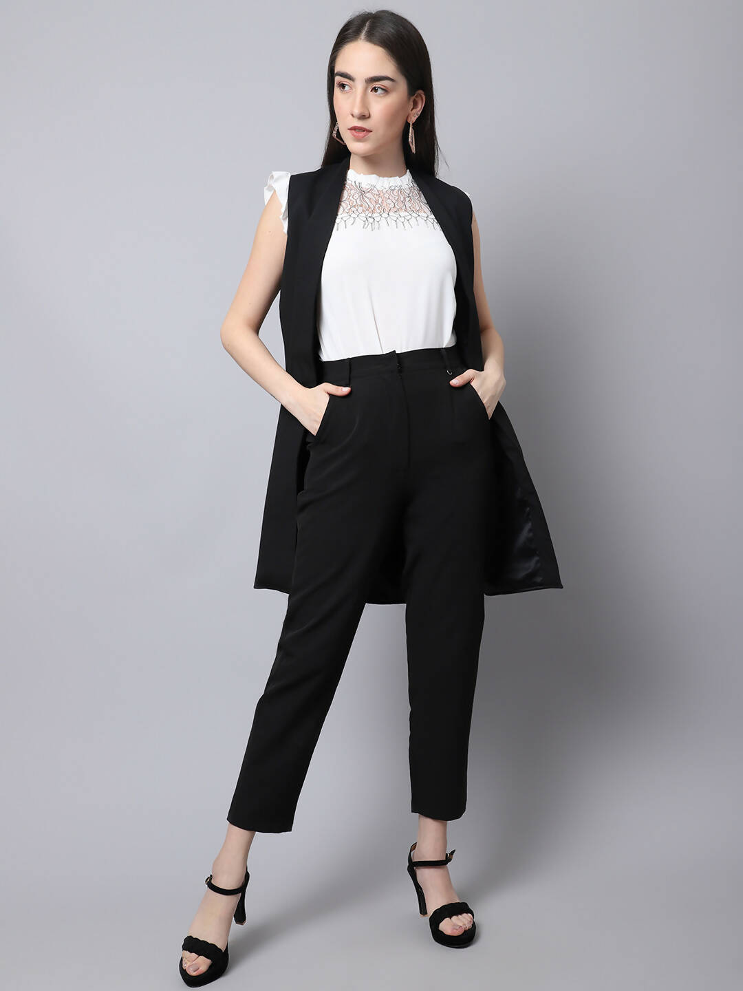 Even Apparels Black Polywool Open Front Women's Long Coat PW668 | Swadesiicart
