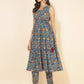 Janasya Women's Blue Cotton Floral Printed Casual Flared Kurta Set | Swadesiicart