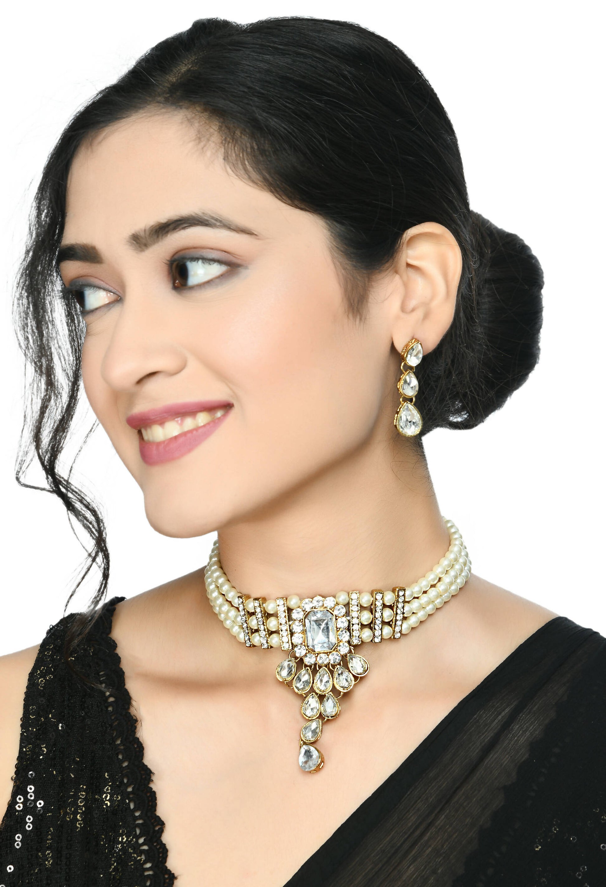 Mominos Fashion Johar Kamal Gold-Polished Brass Finish Kundan/Stone Choker For Women (White) | Swadesiicart