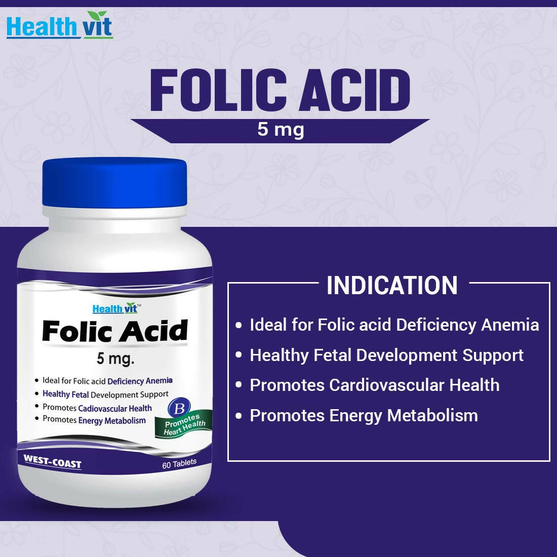 Healthvit Folic Acid 5mg Tablets for Folic acid | Swadesiicart