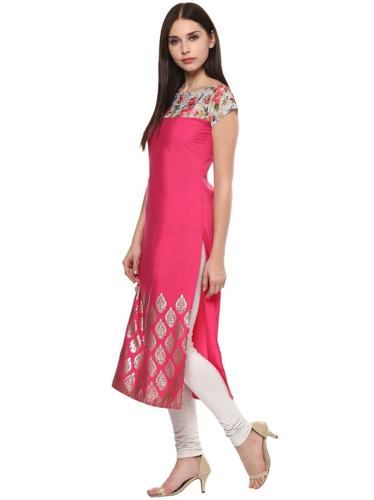 Ahalyaa Women's Pink Chanderi Printed Kurta | Swadesiicart