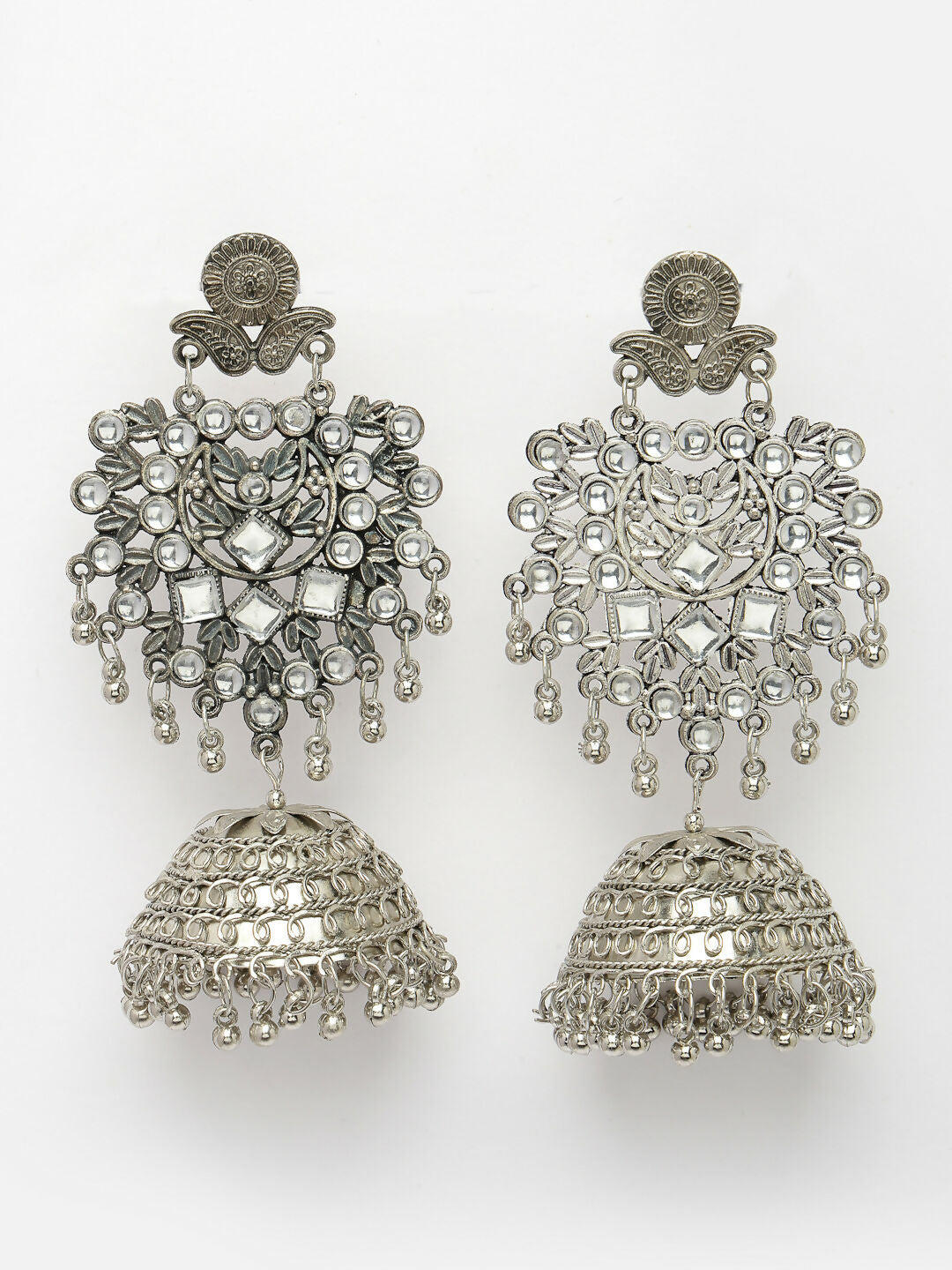 NVR Women's Silver-Plated Oxidised Artificial Stones Dome Shaped Jhumka Earrings | Swadesiicart
