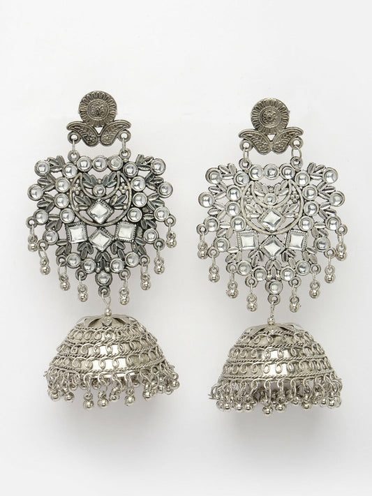 NVR Women's Silver-Plated Oxidised Artificial Stones Dome Shaped Jhumka Earrings | Swadesiicart